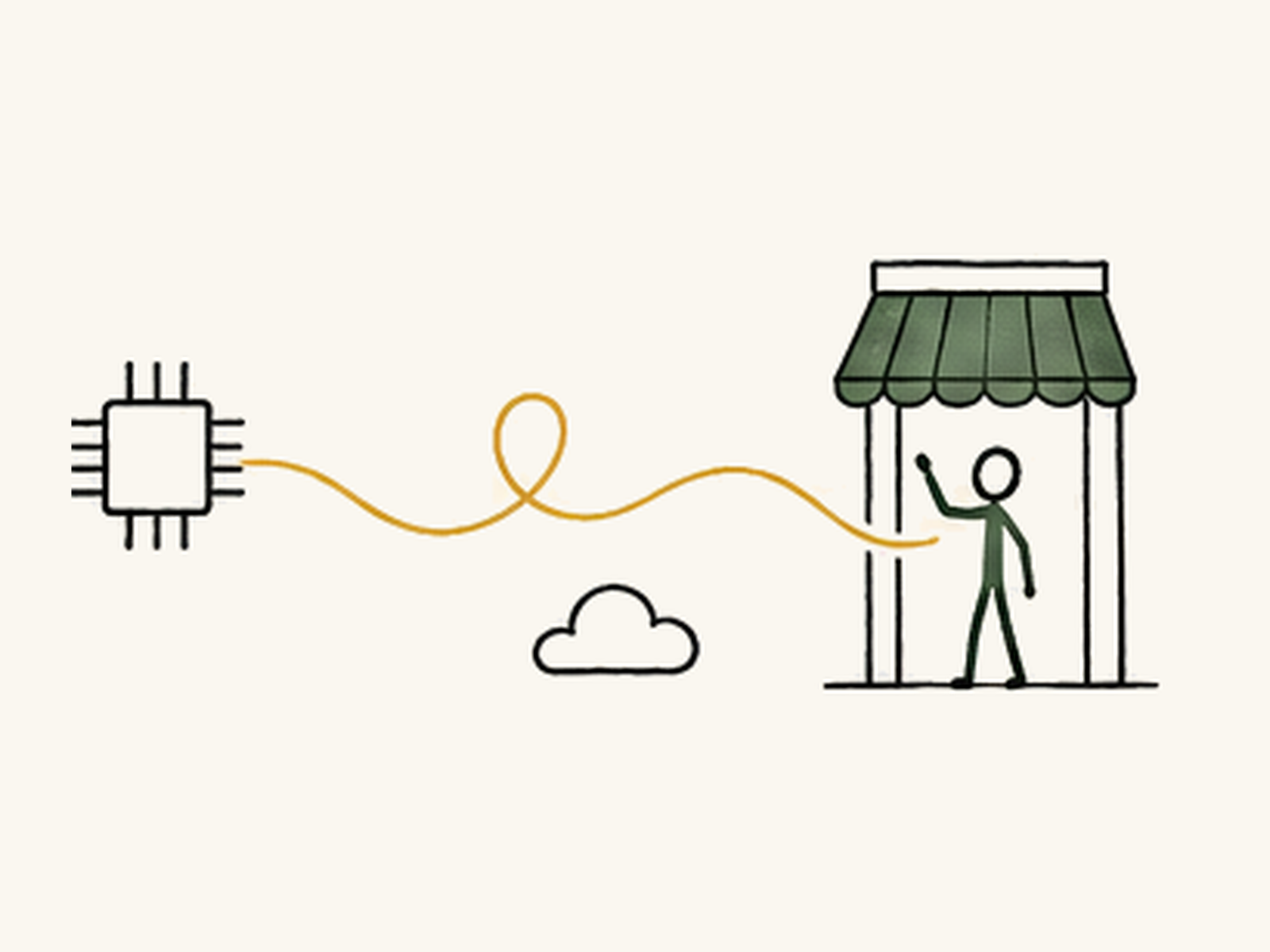 A gold line runs from a chip across to a small storefront where a figure waves