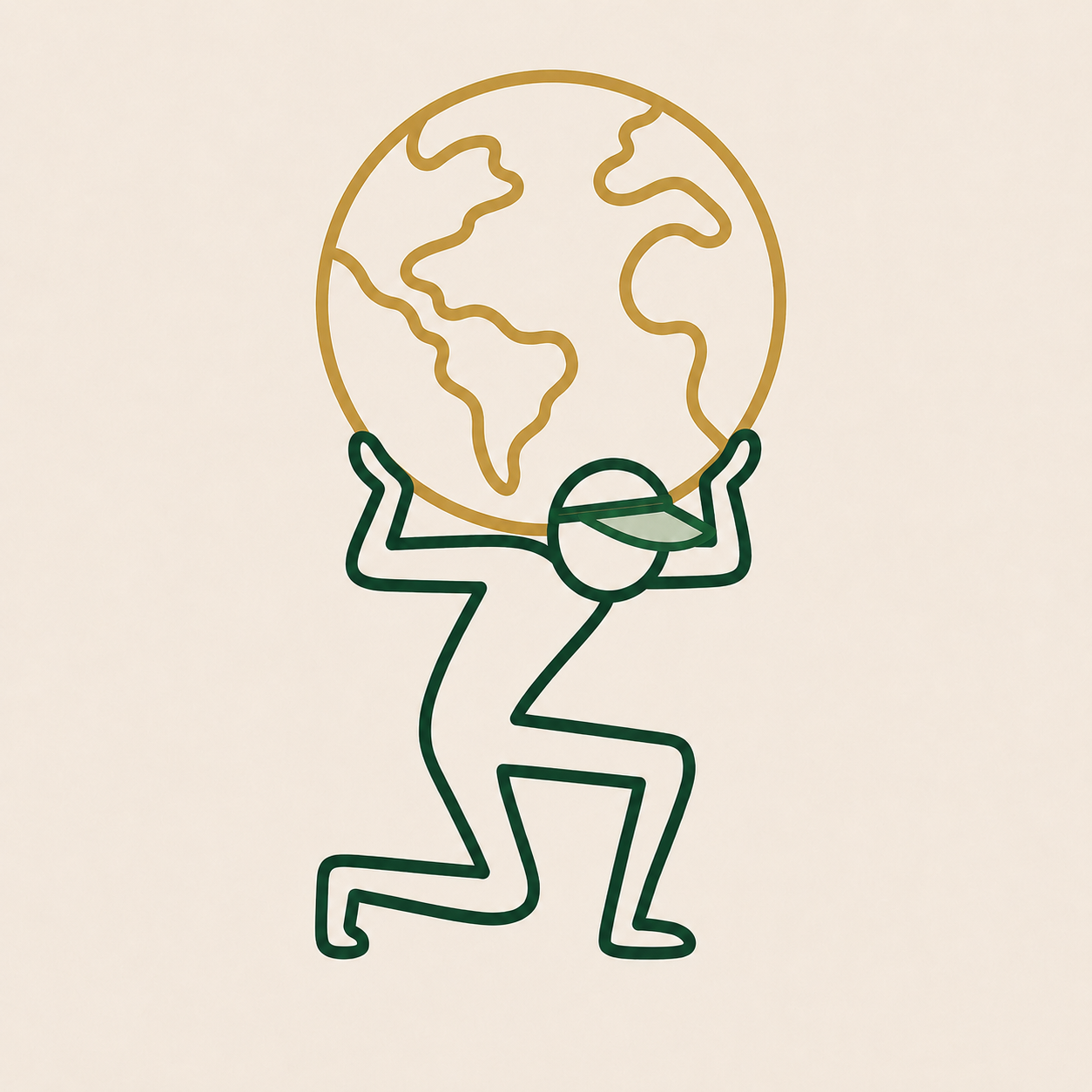 A green stick figure holding up a gold globe of the world