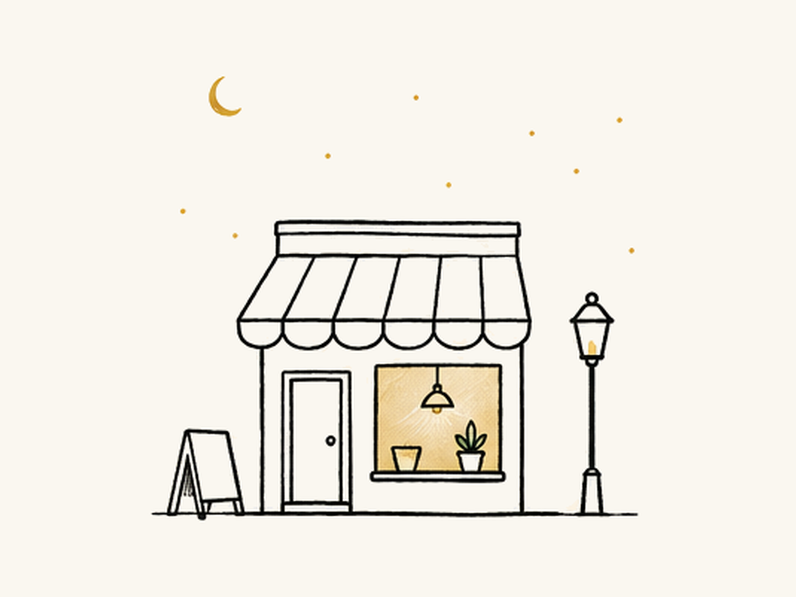 A small shop with a warmly lit window at dusk under a crescent moon