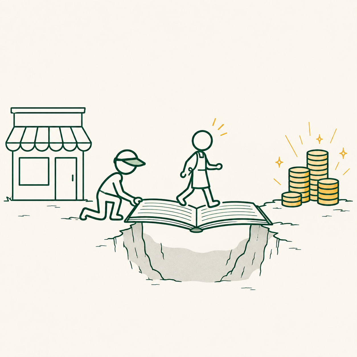 An accountant kneels and holds an open ledger as a bridge across a gap, a storefront on one side and a stack of gold coins on the other, as a shop owner walks across