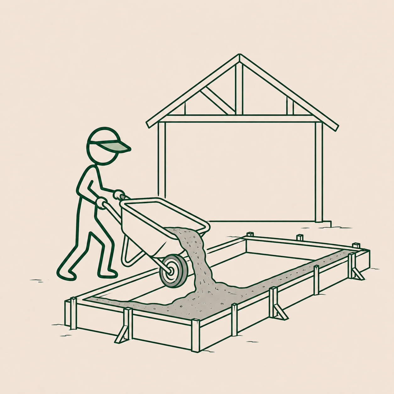 A figure pouring the concrete foundation for a house that is being framed behind it