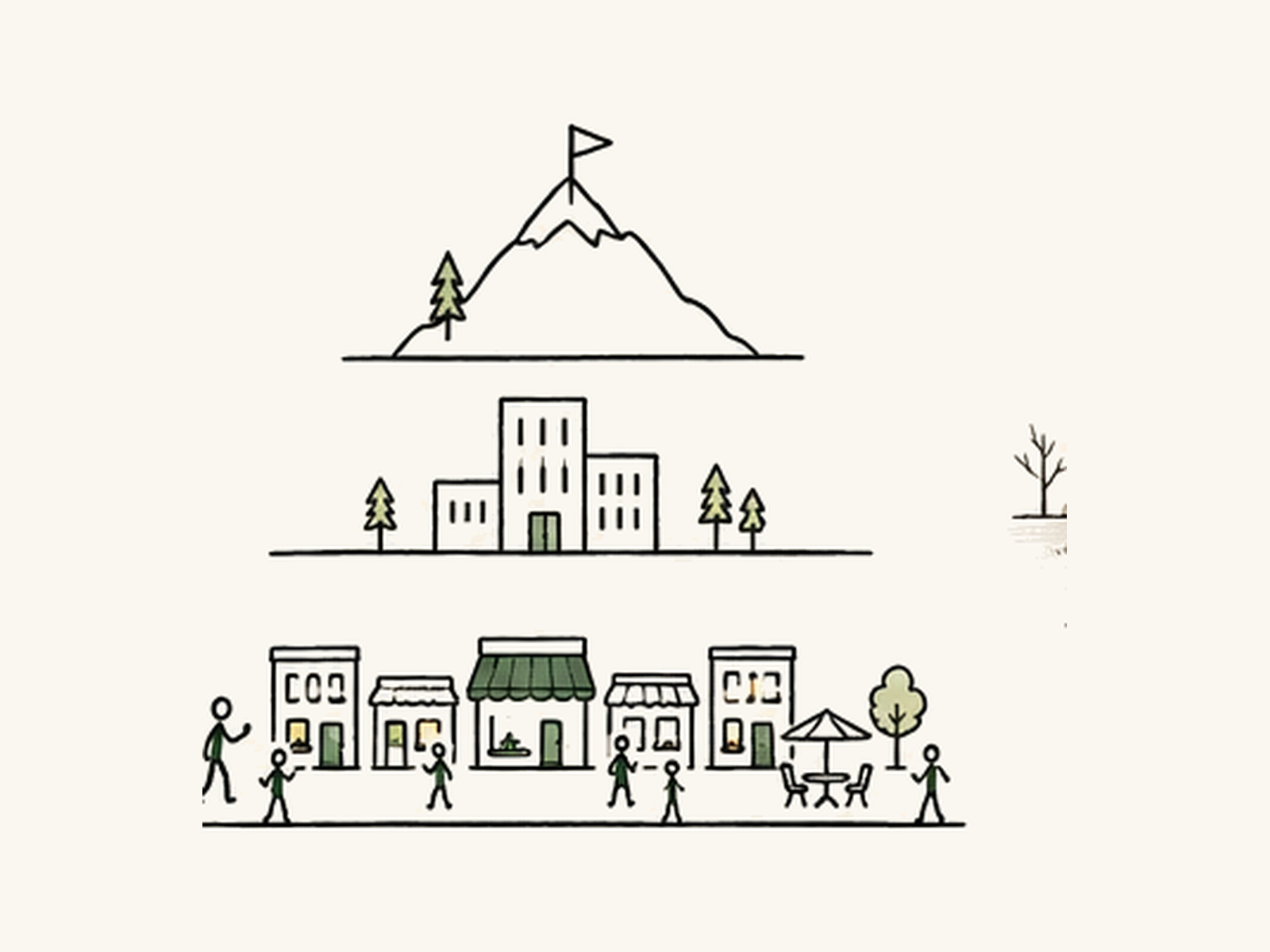 Three layers: a mountain peak, a few large buildings, and a wide lively main street of small shops