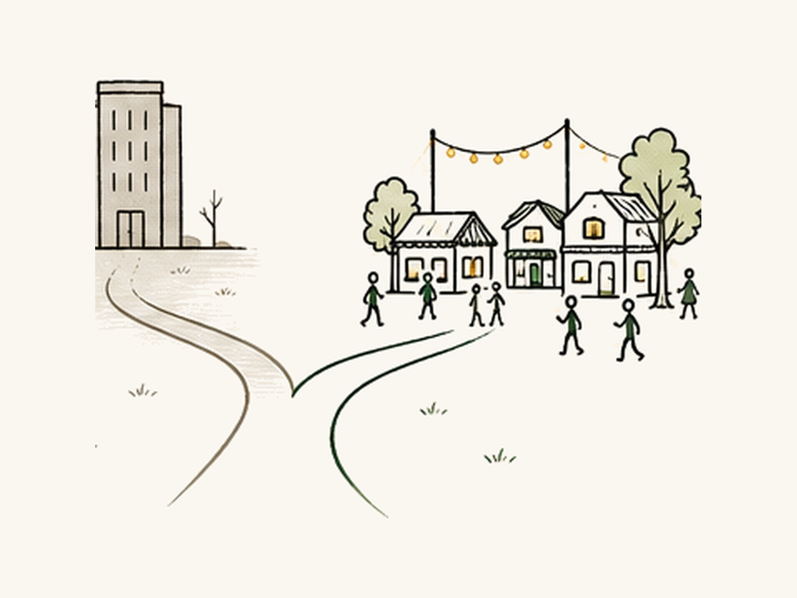 A path forks: one way to a lone empty tower, the other to a lively street of small shops and people